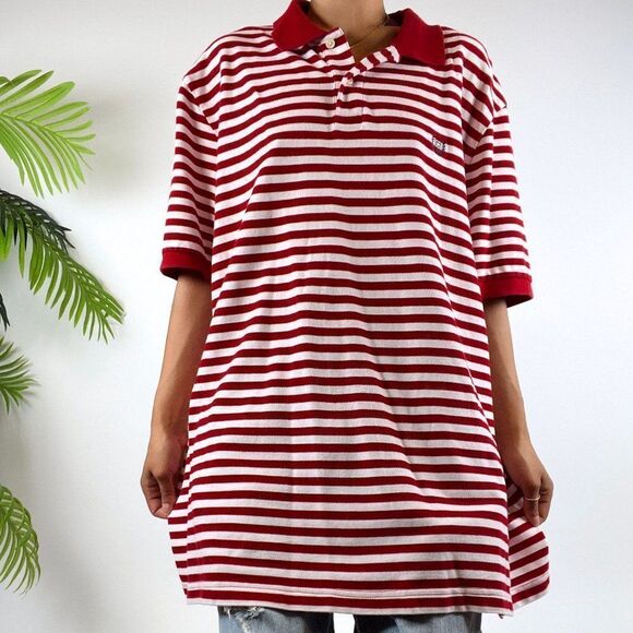 Vintage 90s Indie Grunge Red Striped Short Sleeve Oversized Polo Shirt / Sz: XL - Picture 3 of 6